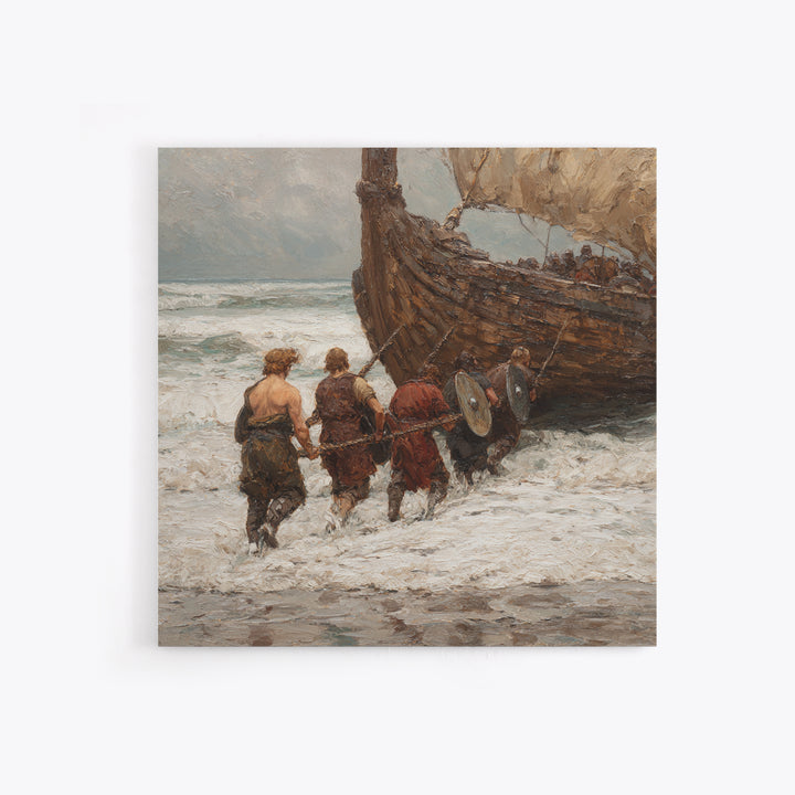 Viking Longship Landing On Stormy Shore Canvas Print, Norse Seascape Oil Painting, Nautical Coastal Wall Decor For Living Room