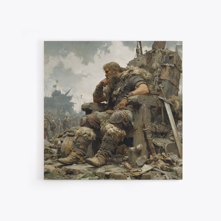 Viking Chieftain On Ruined Throne Framed Canvas Print, Norse Warrior Oil Painting, Rustic Medieval Wall Decor, Gift For Him