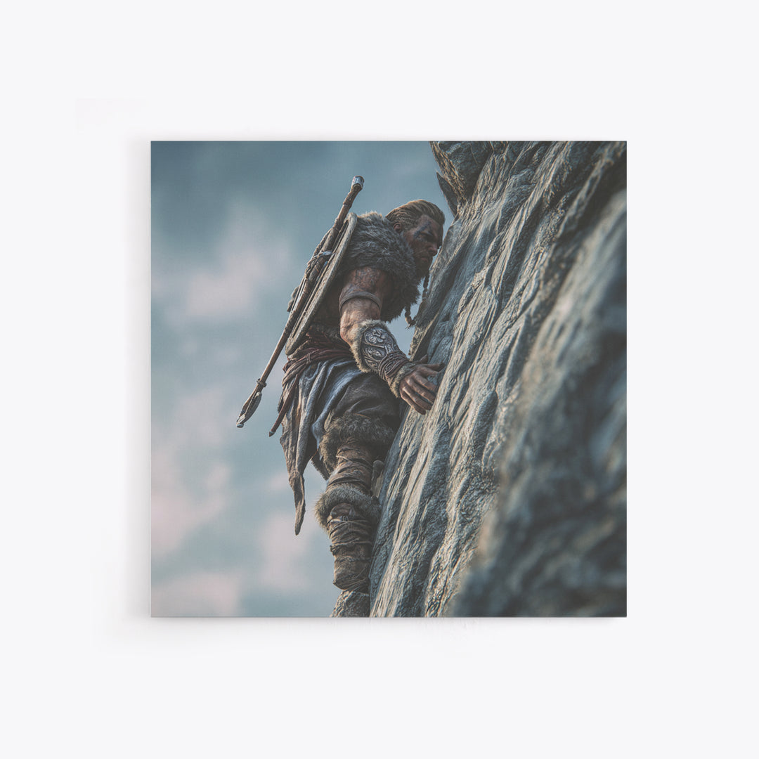 Viking Cliff Climber Warrior Wall Art, Norse Fantasy Canvas Print, Adventure Decor, Mountain Artwork, Gift For Him, Rustic Home Decor