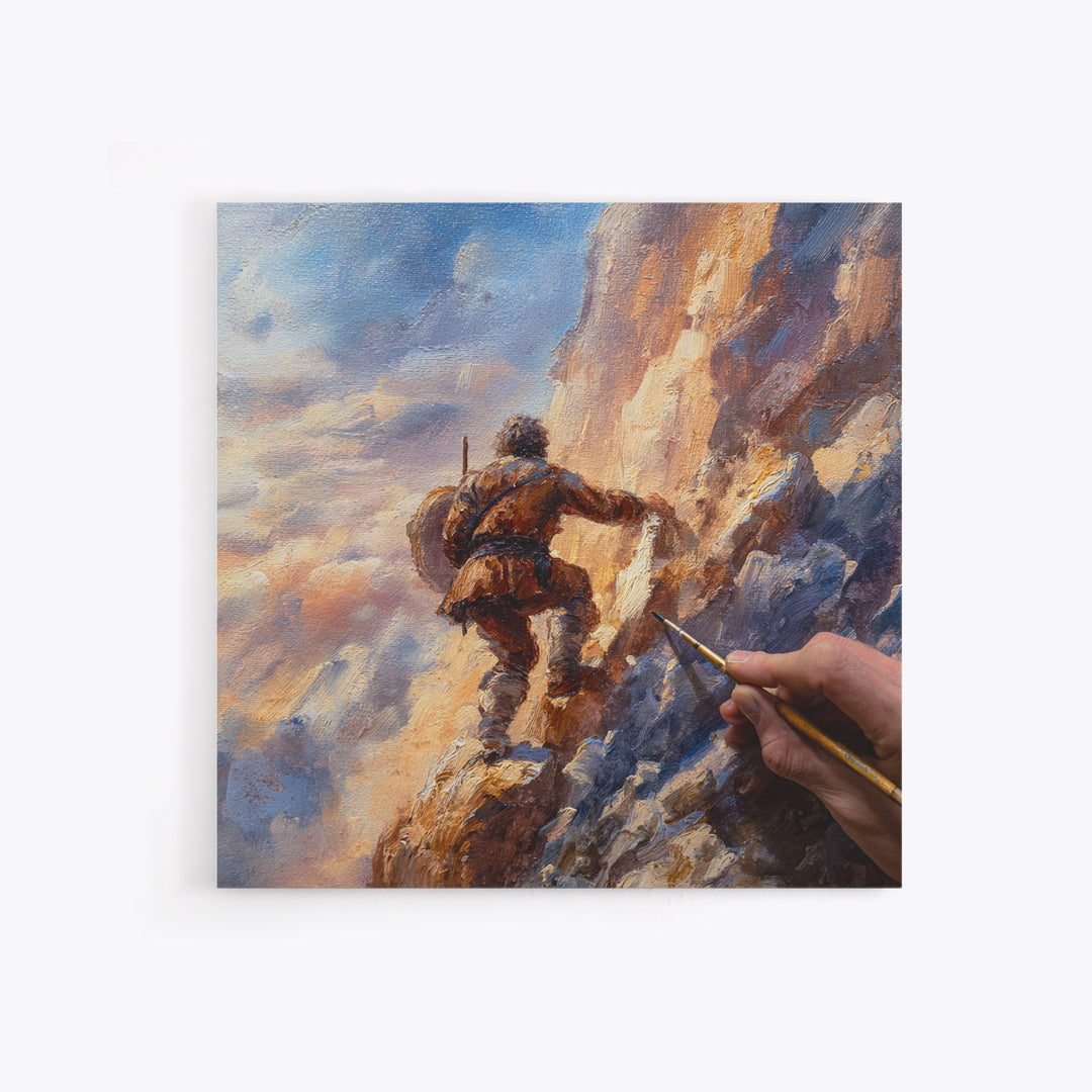 Mountain Climber Adventure Wall Art, Painterly Alpine Oil Painting, Rugged Landscape Canvas Print, Gift For Adventurer Decor