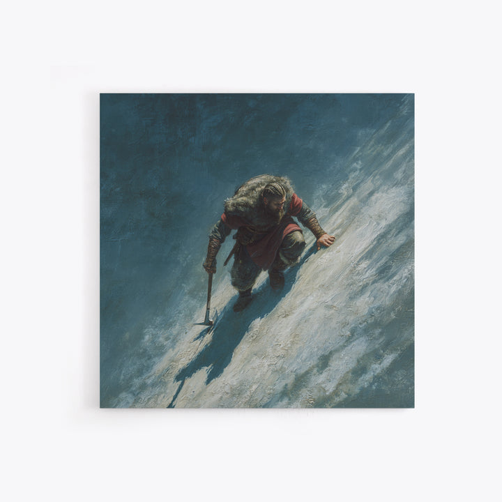 Lone Viking Climbing Icy Mountain Wall Art, Nordic Warrior Oil Painting, Dark Adventure Landscape Office Decor Gift For Him