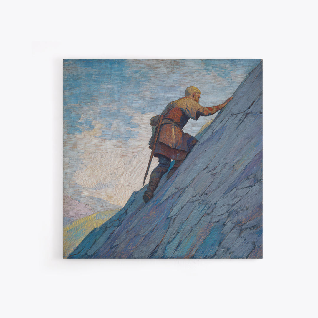 Lone Viking Climbing Icy Mountain Canvas Print, Fantasy Adventure Landscape Art, Nordic Wall Decor, Motivational Office Art