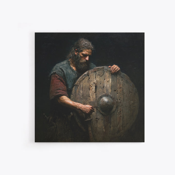 Bearded Warrior Holding Weathered Wooden Shield Canvas Print, Rustic Wall Art, Viking Art, Dark Academia Decor, Gift For Him