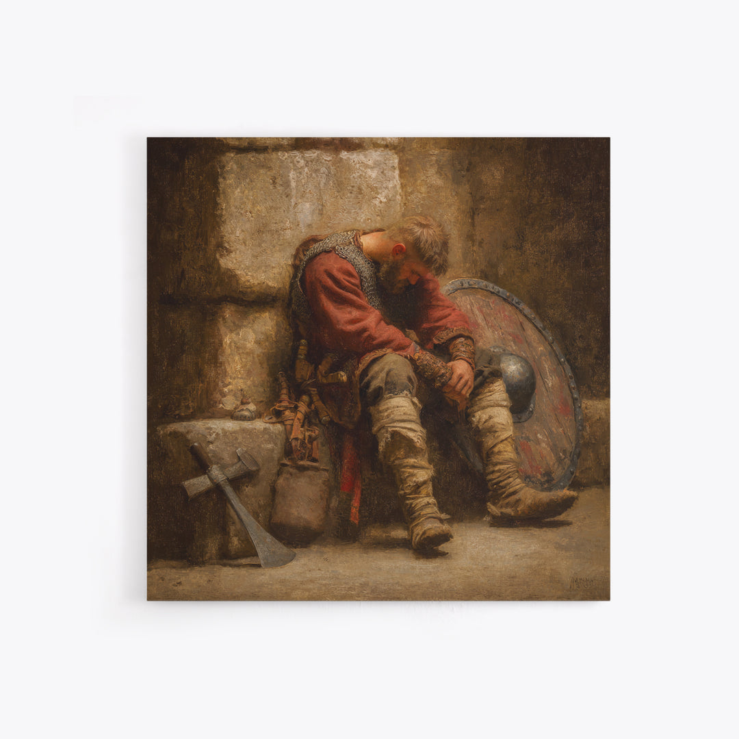 Exhausted Viking Warrior Wall Art, Medieval Shield And Axe Painting, Rustic Historical Canvas Print For Man Cave And Office Decor