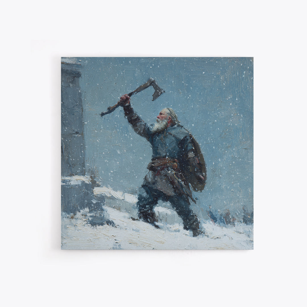 Snowy Viking Warrior Raising Axe Canvas Print, Norse Wall Art, Winter Landscape Art, Rustic Home Decor, Gift For Him, Cabin Decor