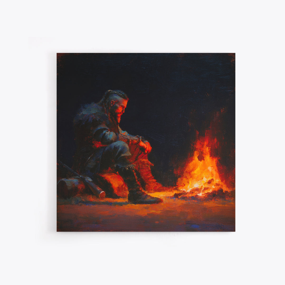 Viking Warrior Beside Fire Framed Canvas Print, Dark Fantasy Art, Nordic Wall Decor, Masculine Man Cave Office Decor Gift For Him