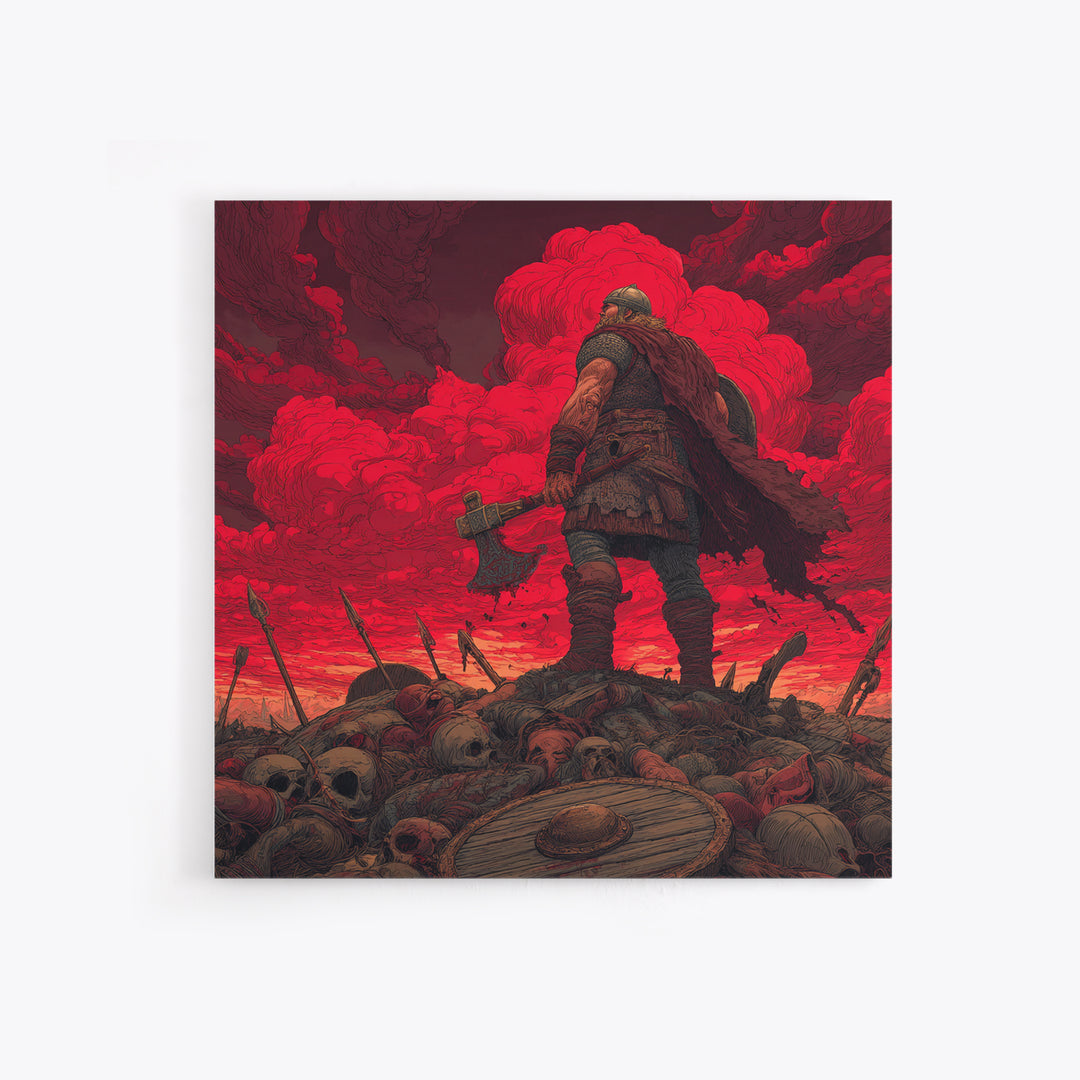 Viking Warrior On Skull Battlefield, Red Apocalypse Wall Art, Norse Fantasy Canvas Print, Dark Masculine Decor, Gift For Him