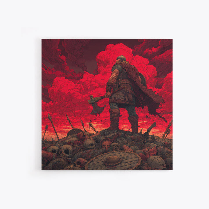 Viking Warrior On Skull Battlefield, Red Apocalypse Wall Art, Norse Fantasy Canvas Print, Dark Masculine Decor, Gift For Him