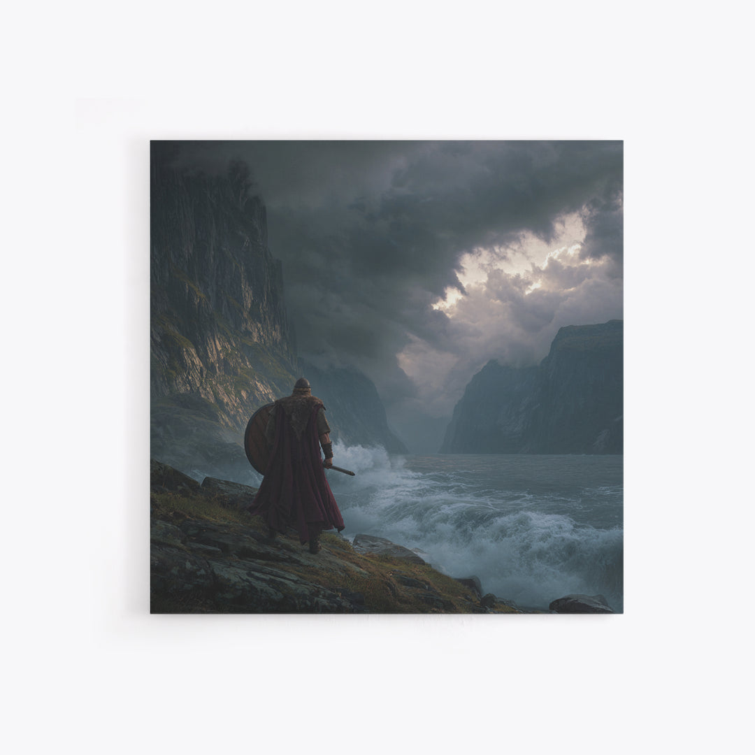 Viking Warrior Over Stormy Fjord Wall Art, Nordic Landscape Canvas Print, Moody Seascape, Nautical Decor, Gift For Him, Coastal Wall Art