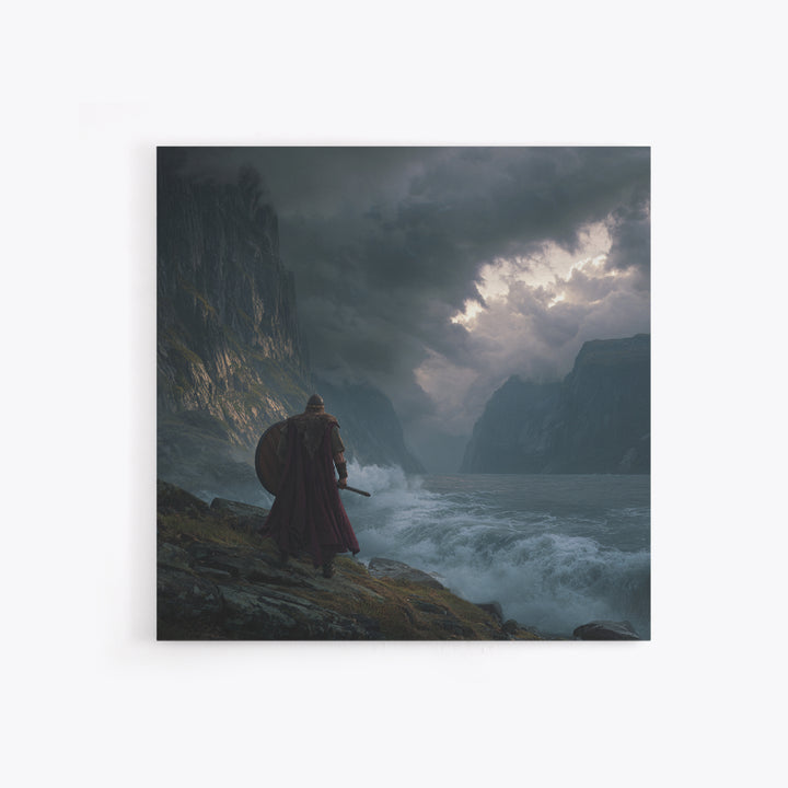 Viking Warrior Over Stormy Fjord Wall Art, Nordic Landscape Canvas Print, Moody Seascape, Nautical Decor, Gift For Him, Coastal Wall Art