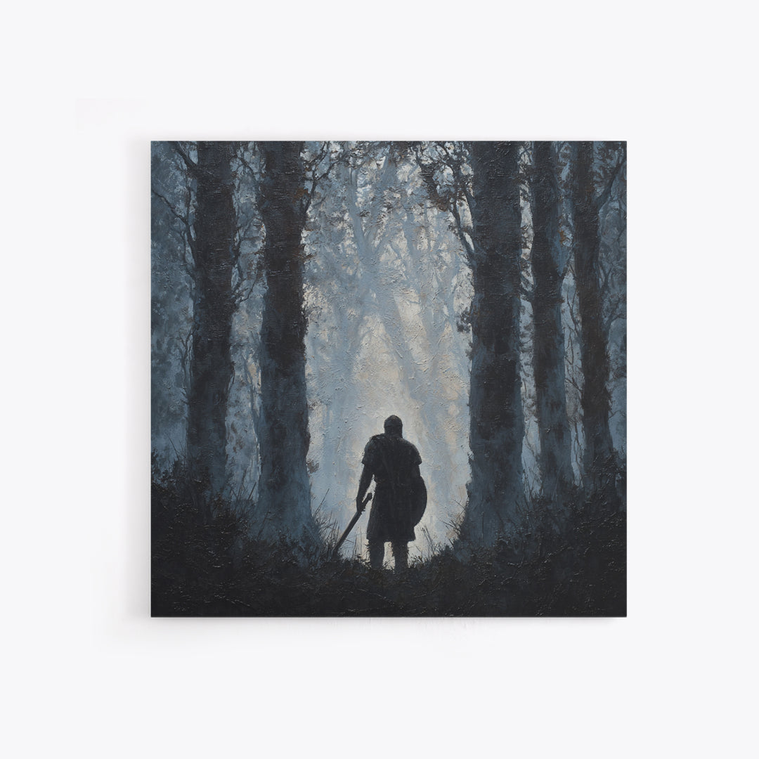 Dark Warrior In Misty Forest Wall Art, Medieval Fantasy Oil Painting, Moody Landscape Print, Gothic Home Decor Gift For Him