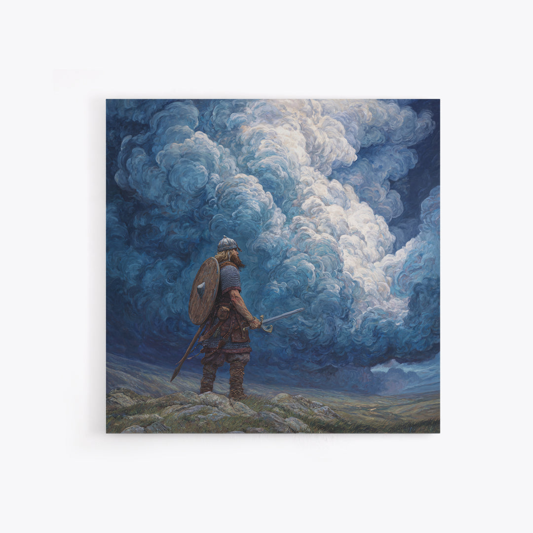 Viking Warrior Beneath Storm Clouds Wall Art, Nordic Fantasy Landscape, Dramatic Blue Canvas Print, Masculine Rustic Decor