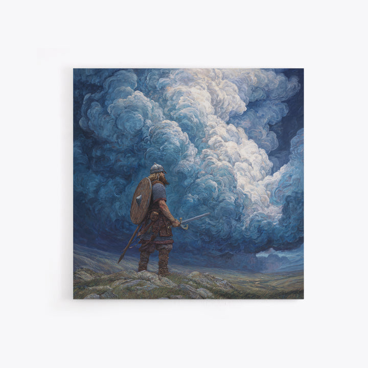 Viking Warrior Beneath Storm Clouds Wall Art, Nordic Fantasy Landscape, Dramatic Blue Canvas Print, Masculine Rustic Decor