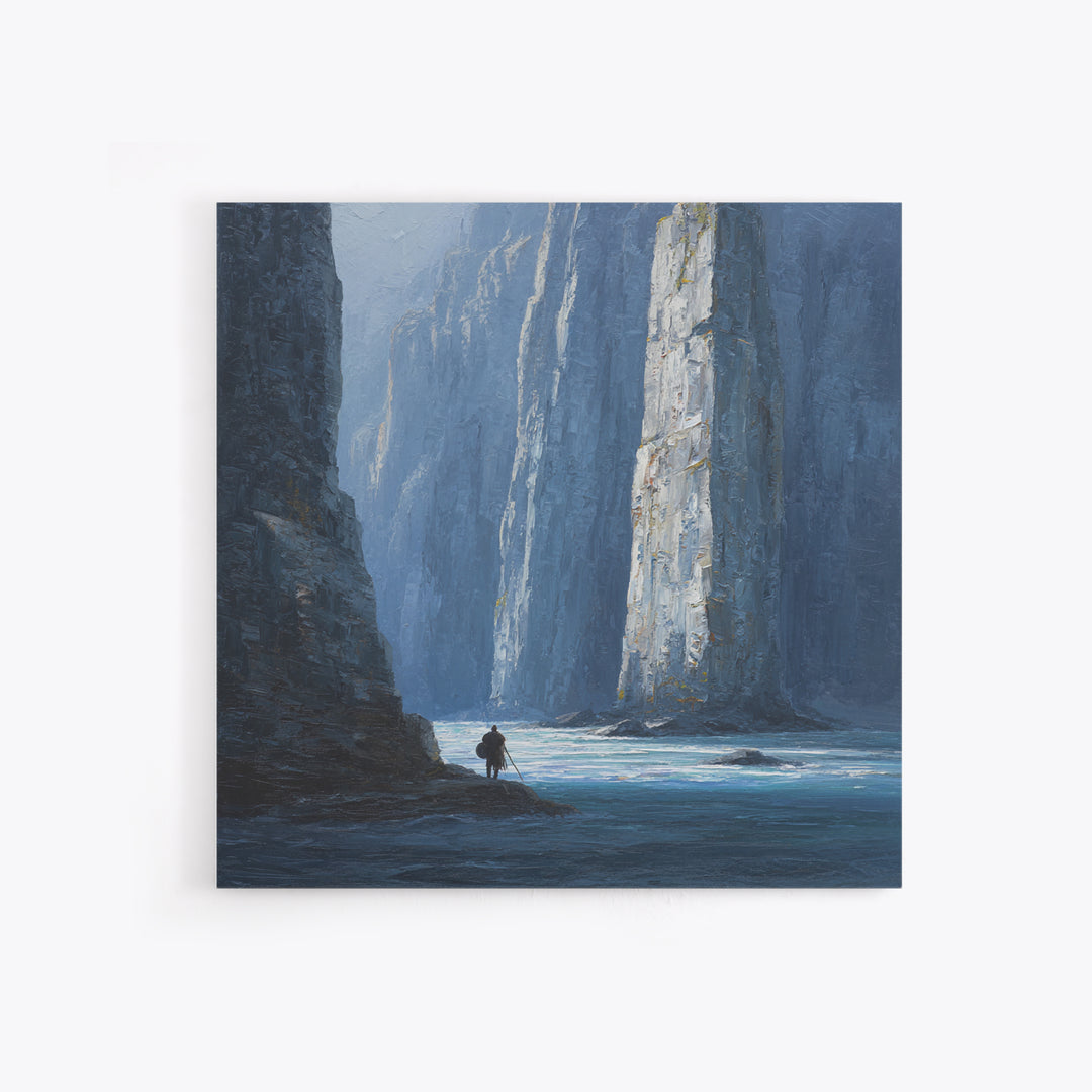 Lone Traveler In Blue Canyon Canvas Print, Misty Cliff Landscape Painting, Moody Nature Wall Art For Living Room Decor Gift