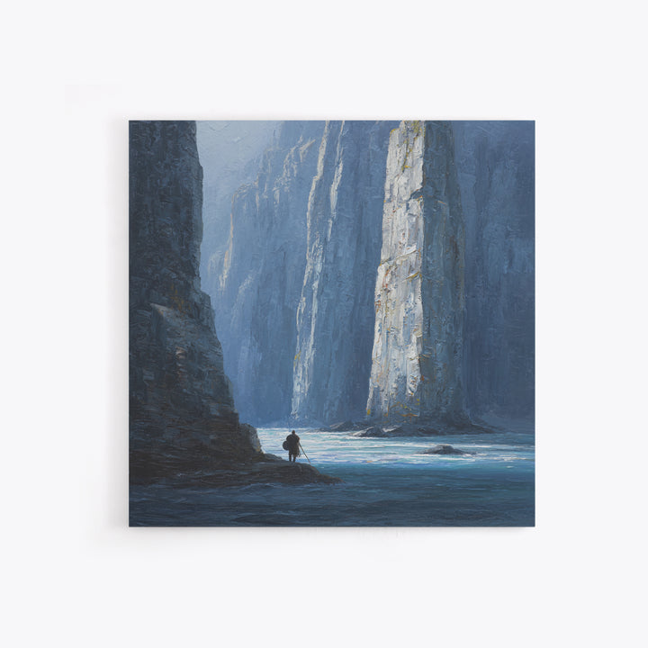 Lone Traveler In Blue Canyon Canvas Print, Misty Cliff Landscape Painting, Moody Nature Wall Art For Living Room Decor Gift