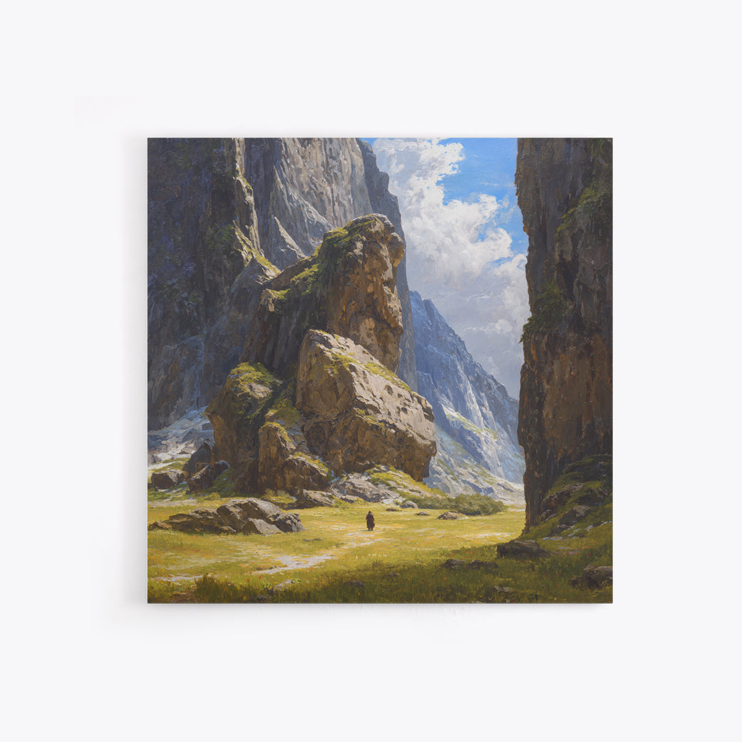 Majestic Alpine Canyon With Lone Traveler Wall Art, Mountain Landscape Painting, Nature Canvas Decor, Large Living Room Art