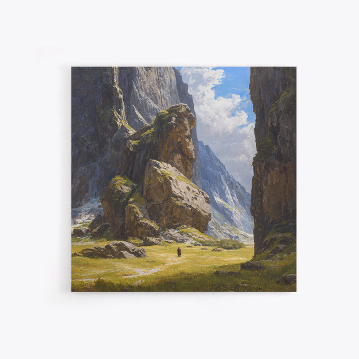 Majestic Alpine Canyon With Lone Traveler Wall Art, Mountain Landscape Painting, Nature Canvas Decor, Large Living Room Art