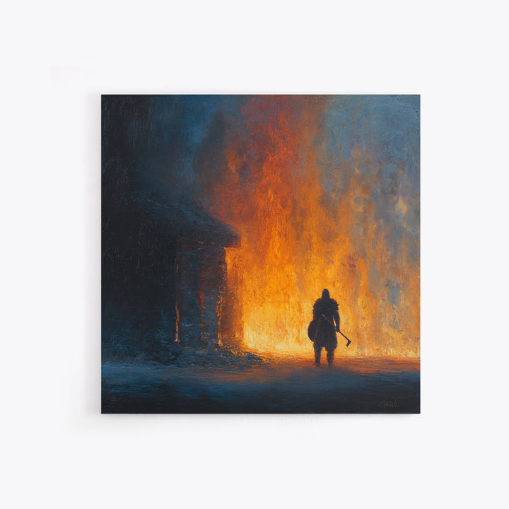 Lone Warrior Before Blazing Hall Wall Art, Dark Fantasy Fire Painting, Medieval Battle Decor, Moody Canvas Art Gift For Him