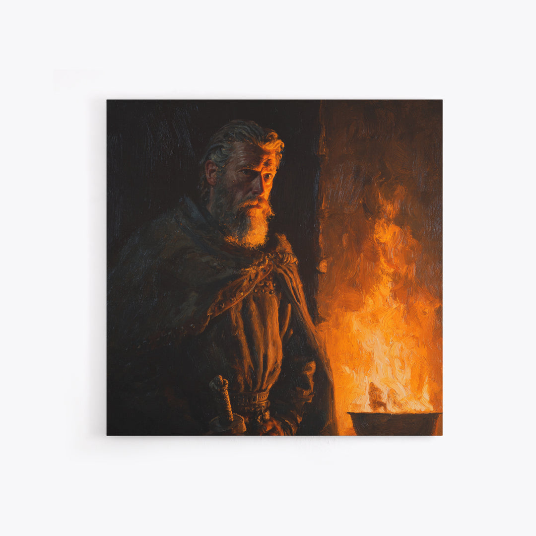Bearded Viking By Firelight, Moody Warrior Portrait Wall Art, Norse Framed Canvas Print, Rustic Masculine Decor, Gift For Him