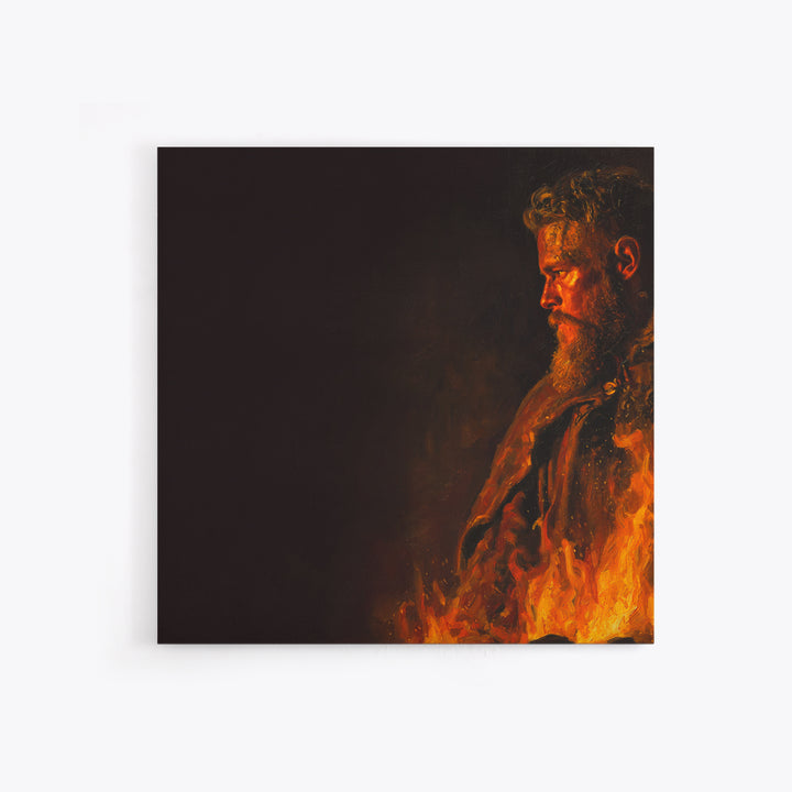 Fiery Viking Warrior Portrait Canvas Print, Bold Dark Norse Painting, Masculine Wall Art, Moody Fantasy Decor Gift For Him