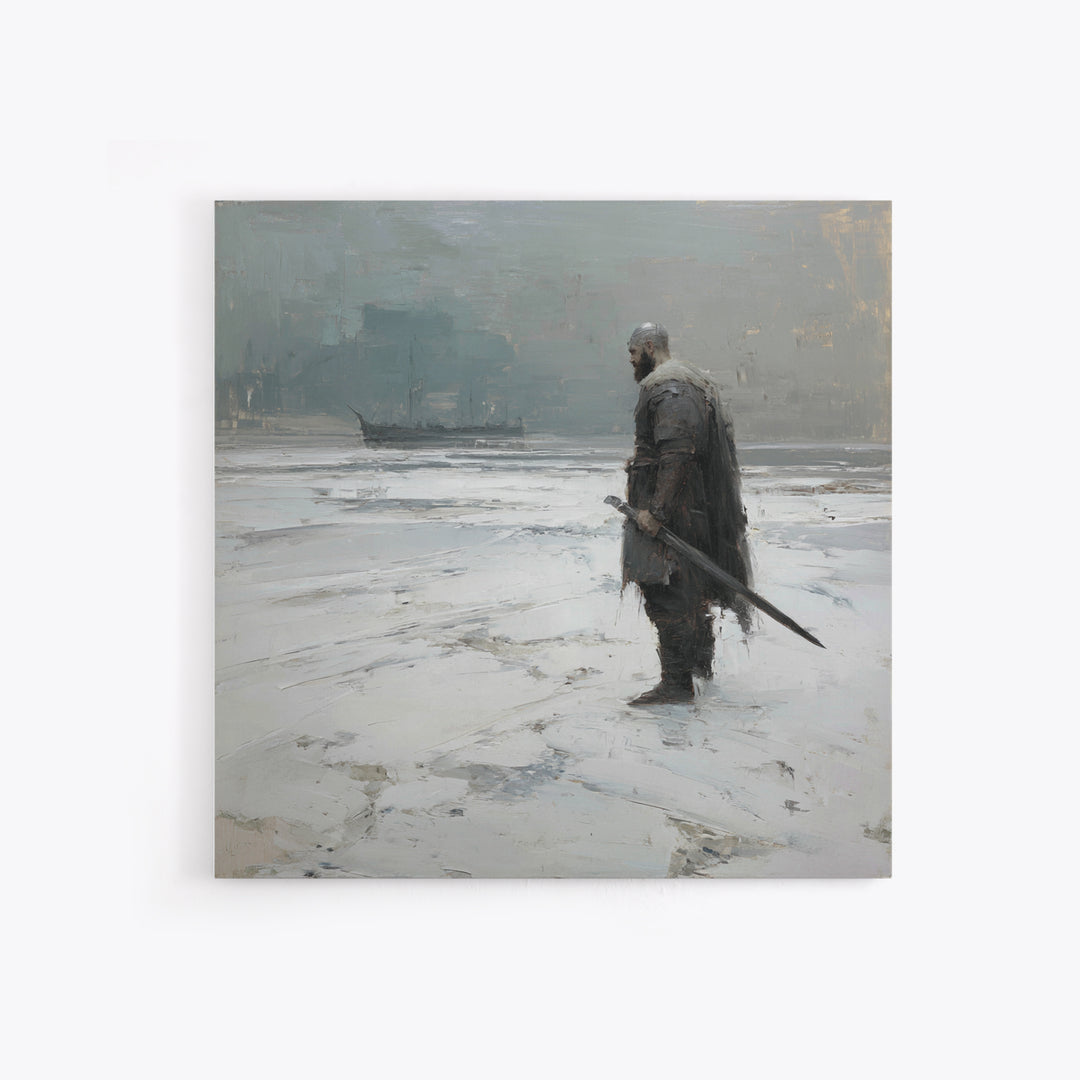 Lone Warrior With Sword In Snow Framed Canvas Print, Nordic Winter Landscape, Moody Wall Art, Dark Fantasy Office Decor Gift