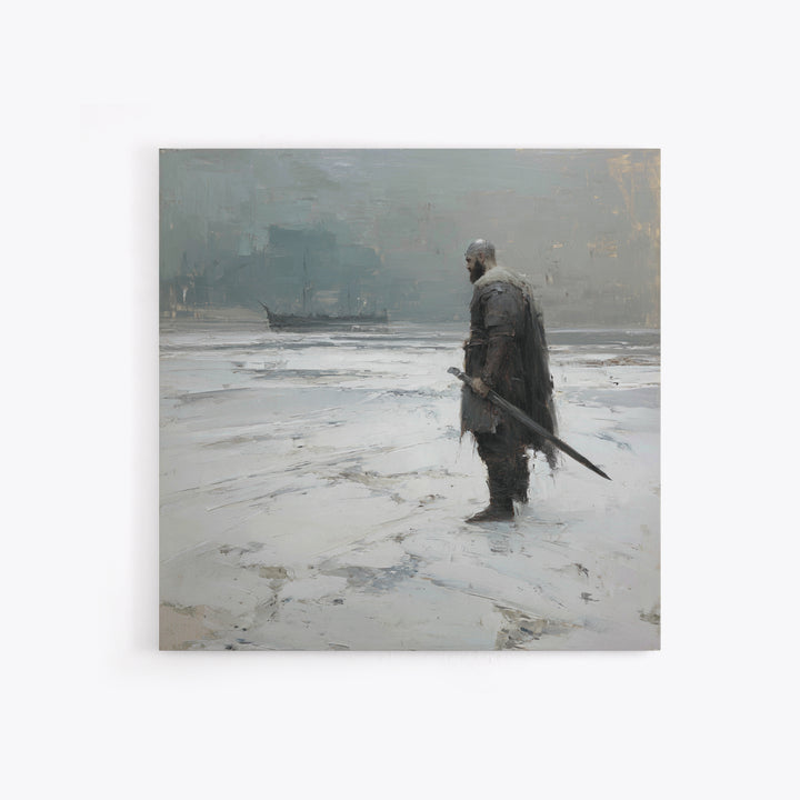 Lone Warrior With Sword In Snow Framed Canvas Print, Nordic Winter Landscape, Moody Wall Art, Dark Fantasy Office Decor Gift