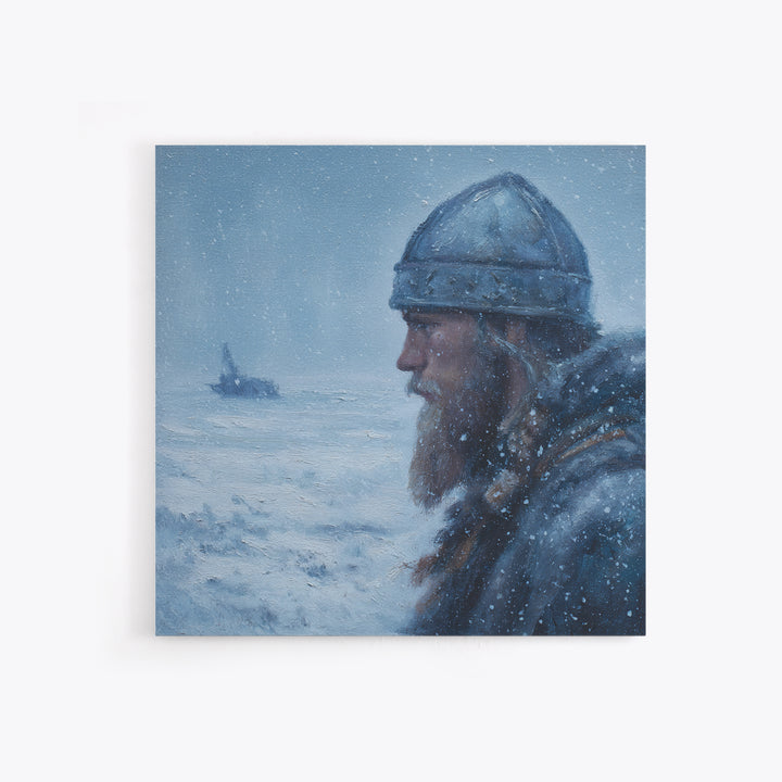 Snowy Viking Warrior Profile Wall Art, Nordic Winter Seascape Oil Painting, Norse Mythology Decor, Masculine Art Print Gift