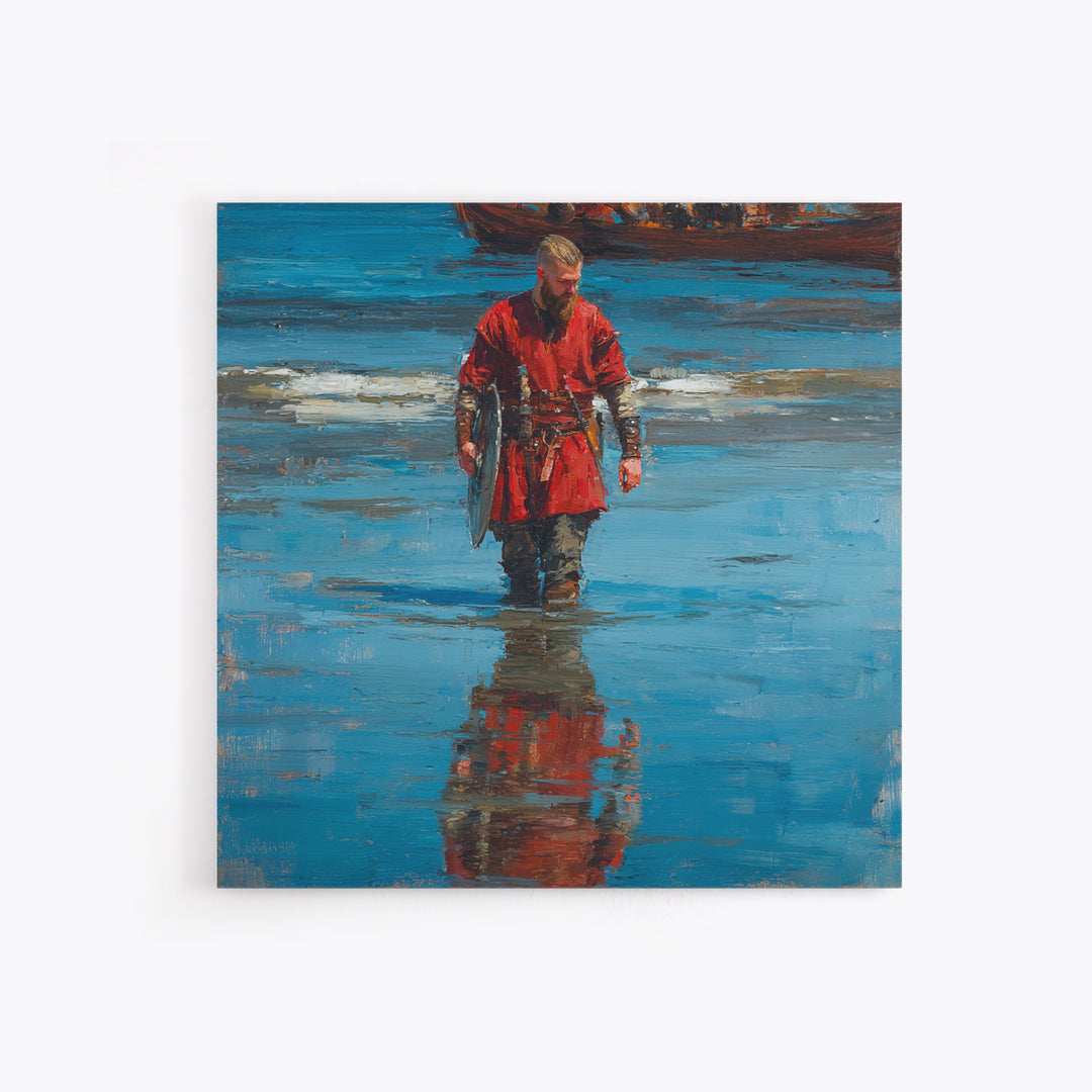 Red Viking Warrior On Shore Canvas Print, Medieval Seascape Oil Painting, Norse Wall Decor, Coastal Masculine Gift For Him