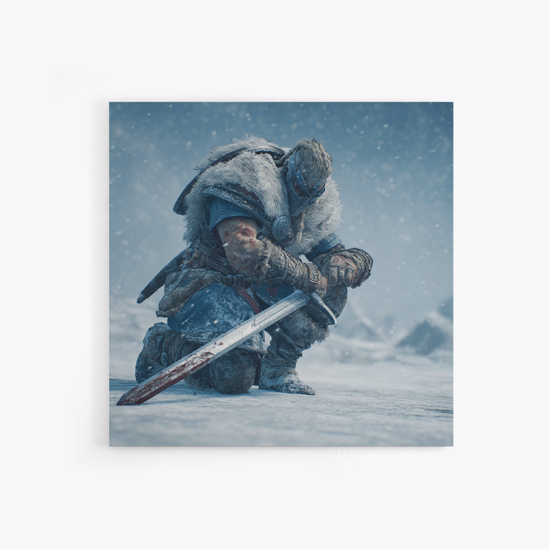 Kneeling Viking Warrior In Snow Framed Canvas Print, Nordic Wall Art, Fantasy Sword Decor, Winter Battle Gift For Him, Man Cave Decor