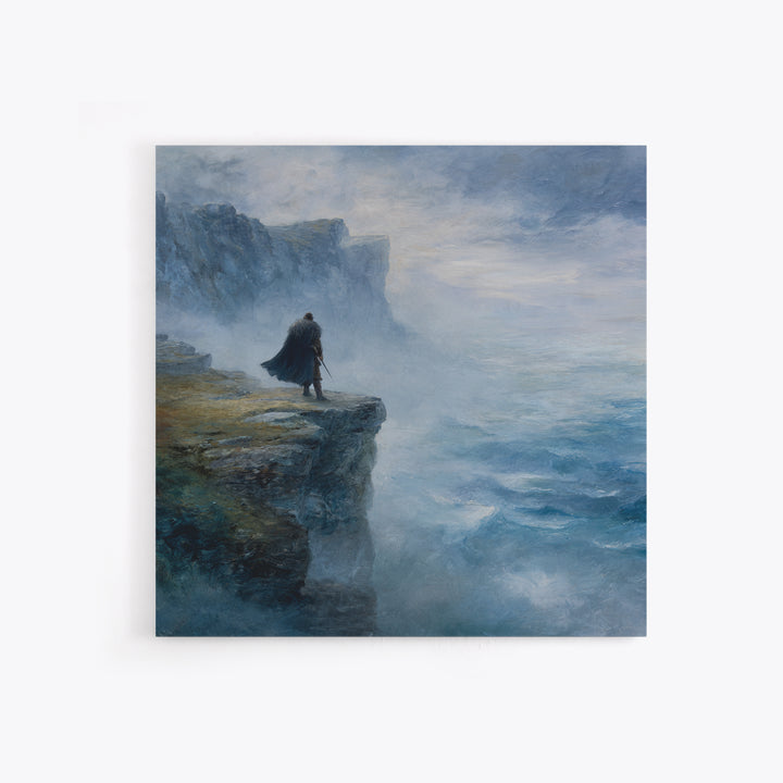 Cloaked Wanderer On Misty Sea Cliff Wall Art, Moody Coastal Landscape Oil Painting, Nordic Fantasy Home Decor For Living Room