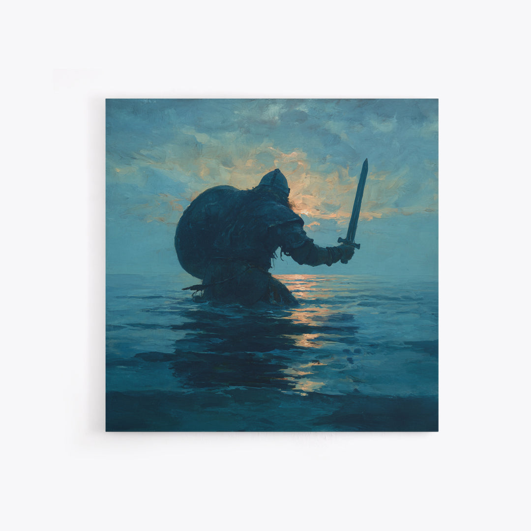 Lone Warrior Rising From The Sea Wall Art, Blue Ocean Sword Painting, Mythic Coastal Canvas Print For Dramatic Living Room Decor