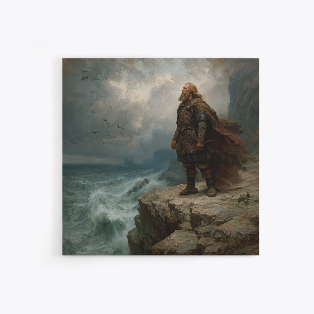 Viking Chieftain On Stormy Sea Cliff Wall Art, Moody Norse Coastal Painting, Dramatic Landscape Art, Masculine Office Decor