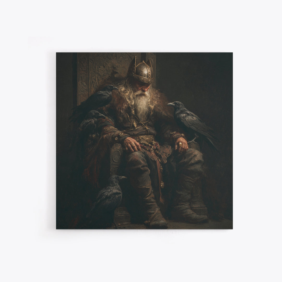 Viking King With Ravens Wall Art, Dark Academia Norse Portrait, Moody Medieval Oil Painting, Gothic Office Decor Gift For Him