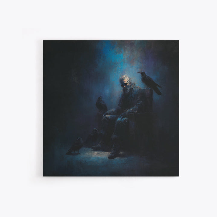 Moody Raven Keeper Portrait Framed Canvas Print, Dark Academia Wall Art, Gothic Crow Oil Painting, Mysterious Office Decor
