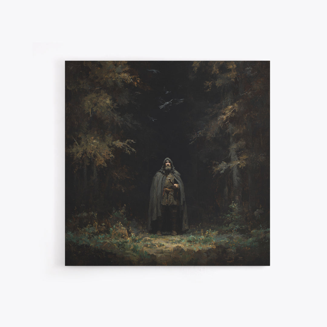 Hooded Wanderer In Dark Forest Wall Art, Raven Gothic Landscape Painting, Moody Fantasy Canvas Print For Dark Academia Decor