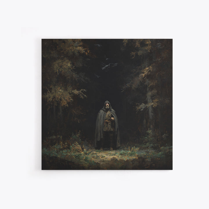 Hooded Wanderer In Dark Forest Wall Art, Raven Gothic Landscape Painting, Moody Fantasy Canvas Print For Dark Academia Decor