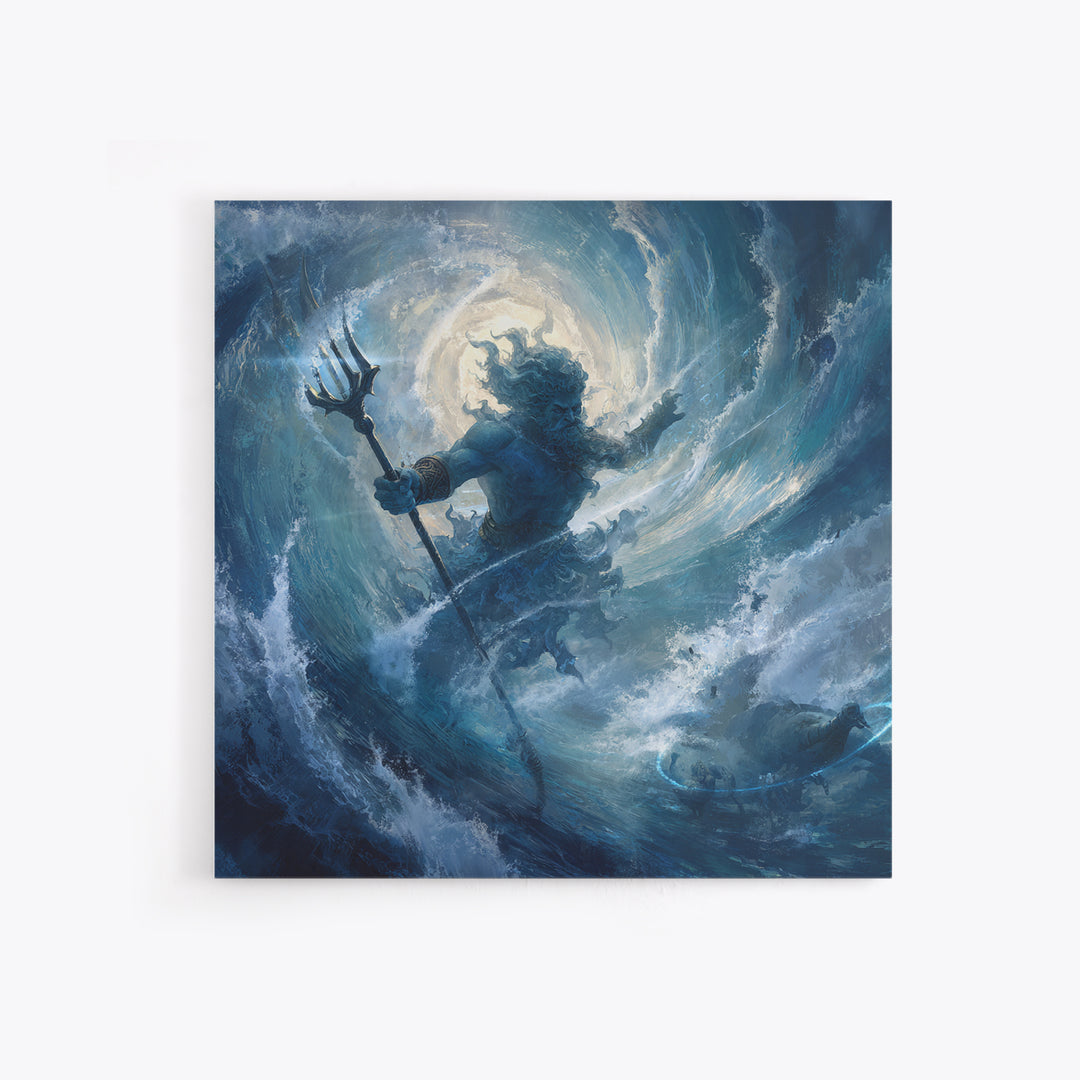 Poseidon Rising From Stormy Ocean Canvas Print, Mythological Wall Art, Nautical Fantasy Decor, Blue Coastal Artwork, Sea God Art