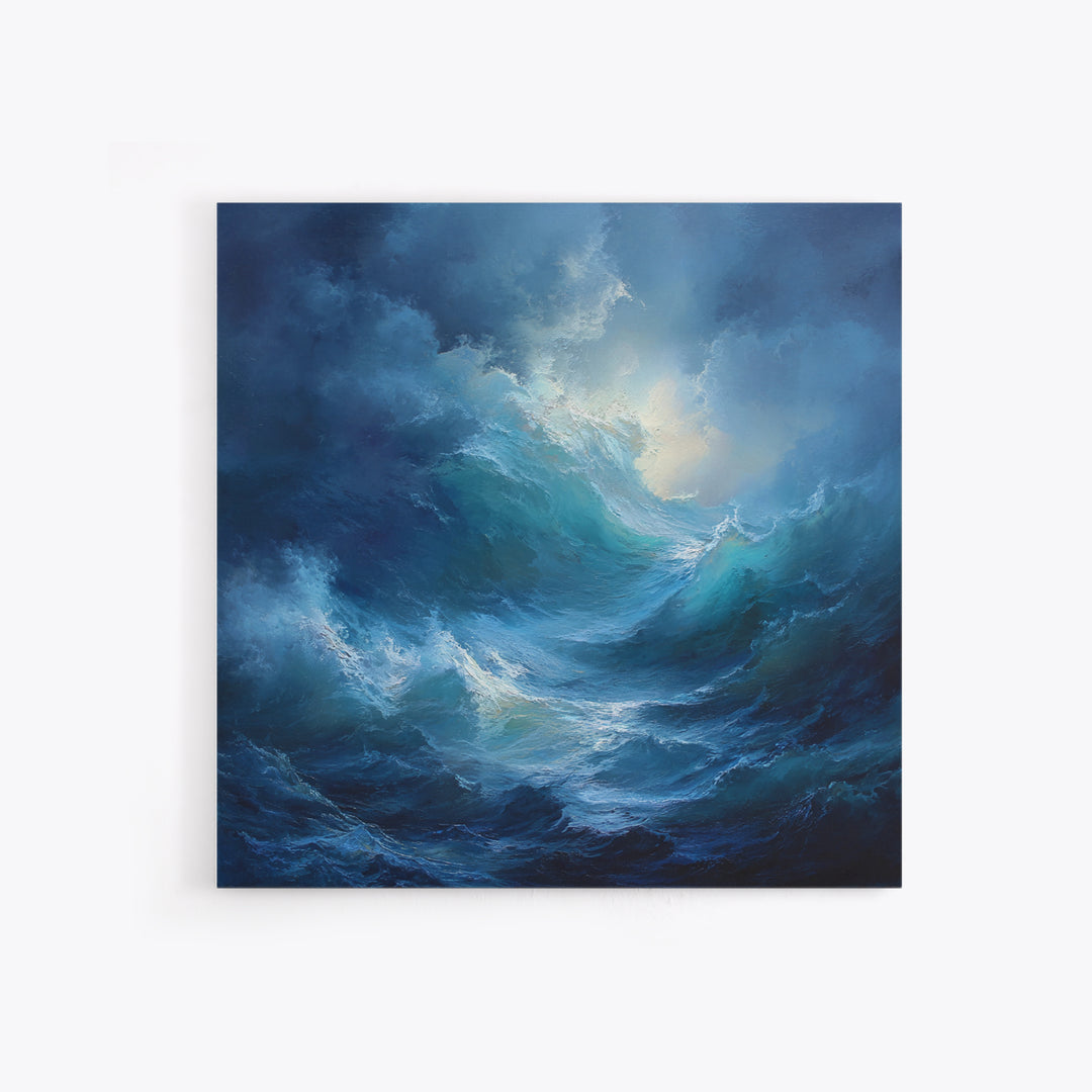 Dramatic Blue Ocean Wave Wall Art, Abstract Seascape Oil Painting, Coastal Canvas Decor, Large Living Room Art Print For Home Decor