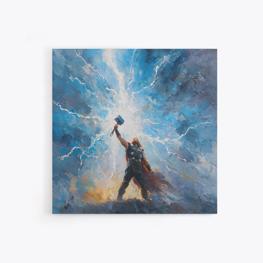 Thunder God Raising Hammer Wall Art, Norse Mythology Canvas Print, Lightning Storm Oil Painting, Viking Decor Gift For Him