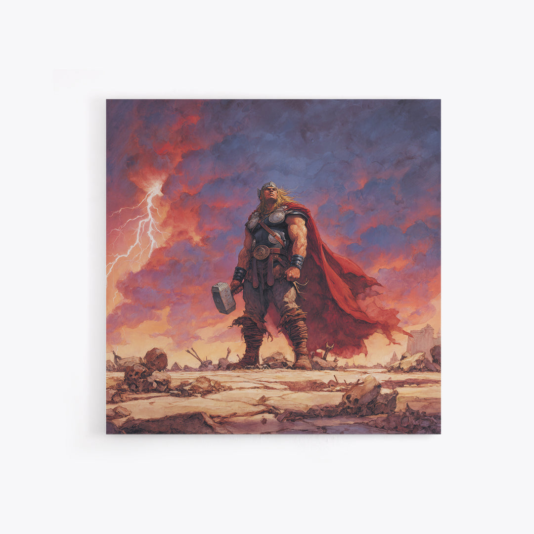 Thunder God With Hammer And Stormy Lightning Sky, Epic Viking Canvas Print, Norse Mythology Wall Art, Fantasy Warrior Decor