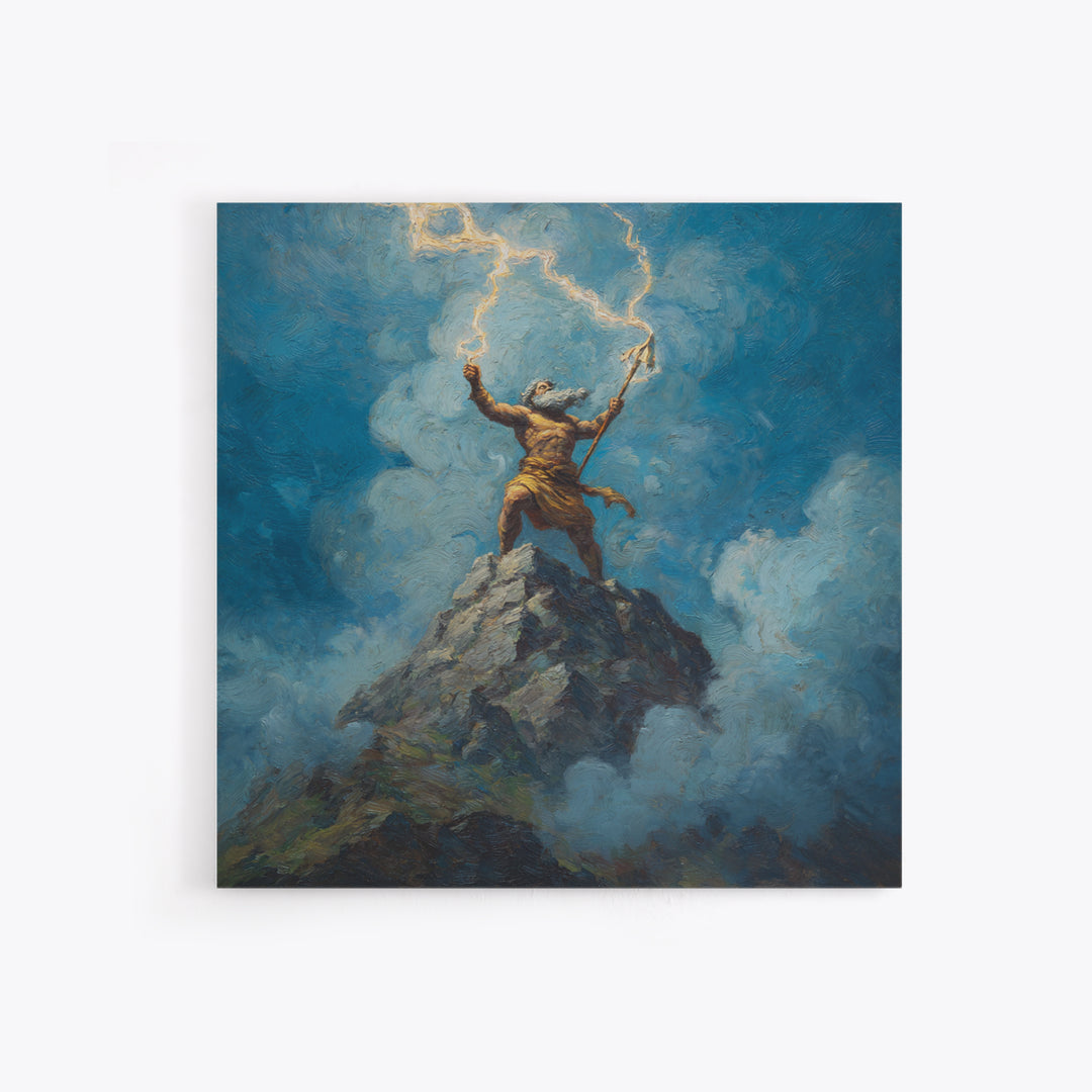 Thunder God Raising Lightning On Mountain Peak Wall Art, Mythological Art Print, Fantasy Art, Dramatic Office Decor, Gift