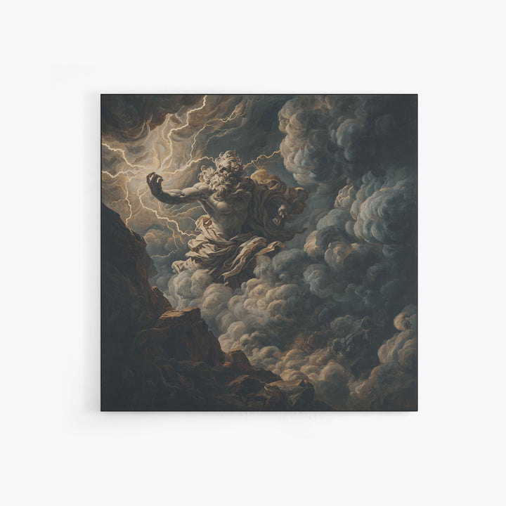 Zeus Summoning Lightning In Storm Clouds Framed Canvas Print, Mythological Art, Baroque Wall Art, Moody Dark Academia Decor