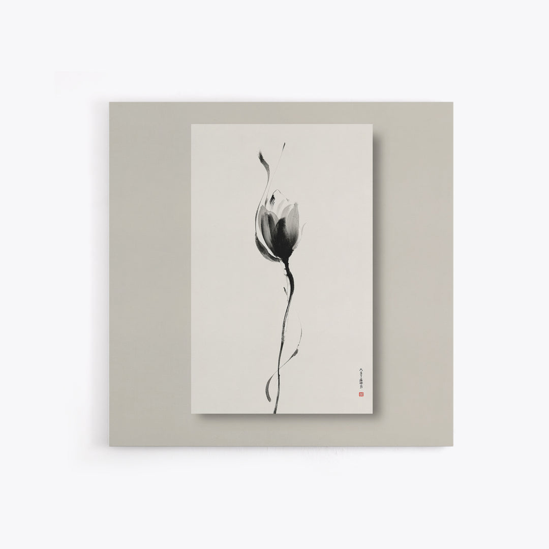 Minimalist Lotus Flower Ink Wall Art Print, Japanese Zen Floral Painting For Bedroom Decor And Modern Neutral Home