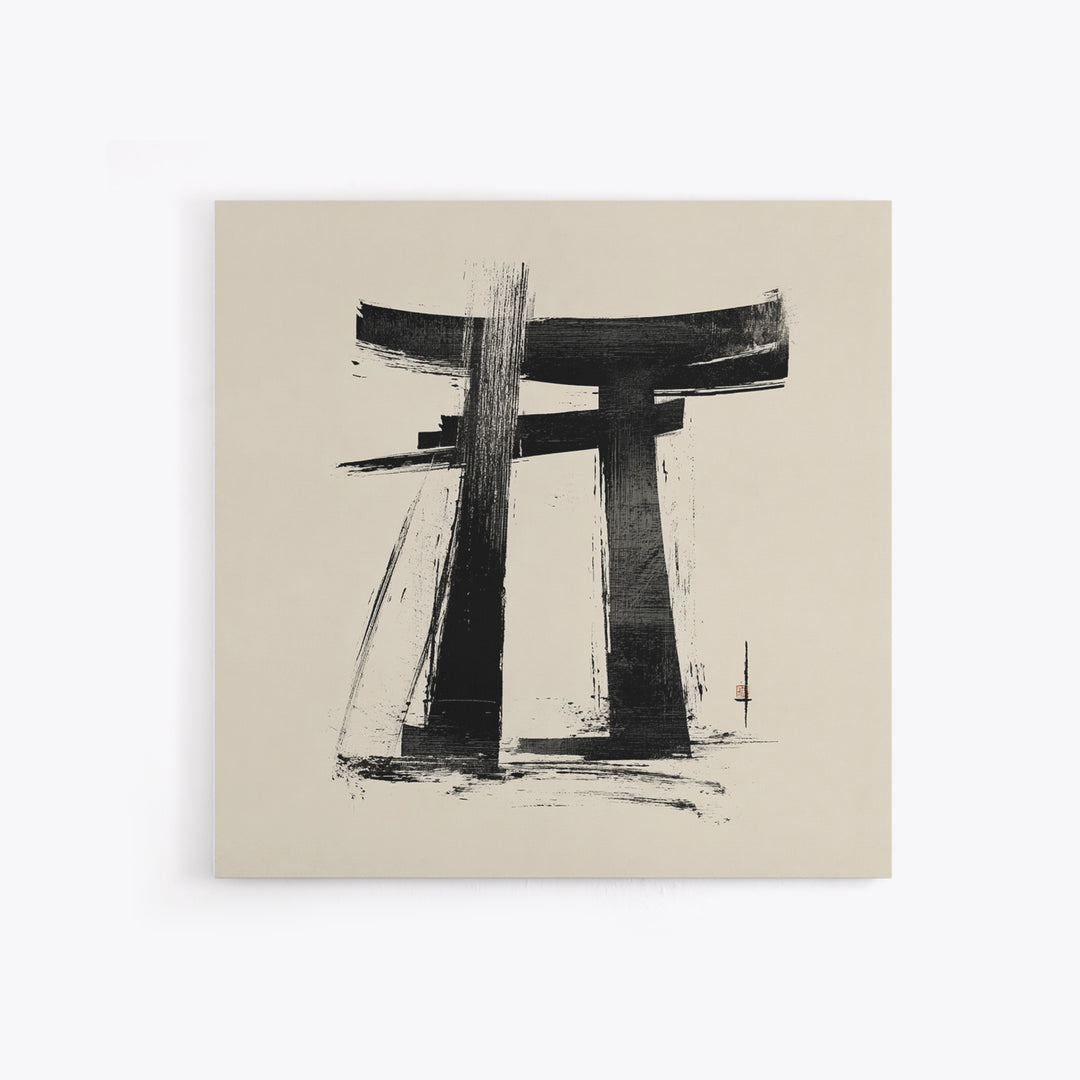 Minimalist Japanese Torii Gate Ink Painting Wall Art, Black And White Zen Decor Framed Canvas Print