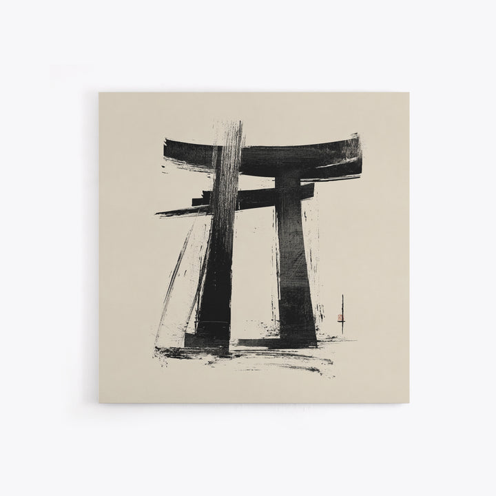 Minimalist Japanese Torii Gate Ink Painting Wall Art, Black And White Zen Decor Framed Canvas Print