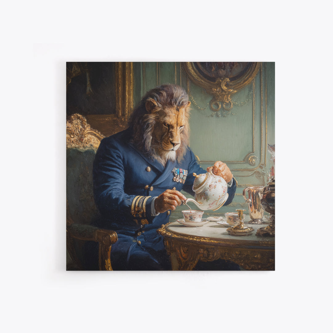 Lion Admiral Pouring Tea Wall Art, Whimsical Animal Portrait, Royal Navy Home Decor, Maximalist Canvas, Unique Gift For Him