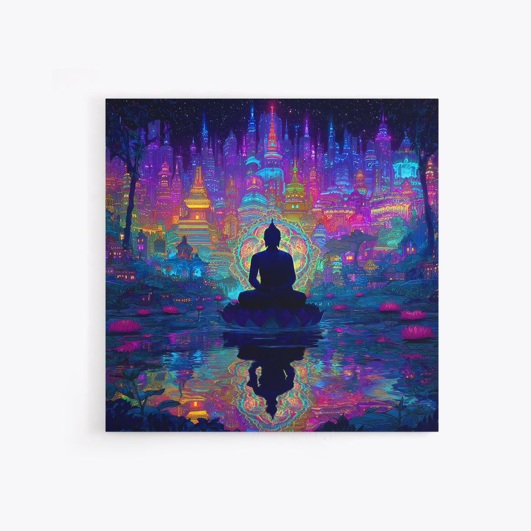 Neon Buddha Cityscape Meditation Wall Art, Spiritual Cyberpunk Canvas Print, Colorful Zen Meditation Room Decor