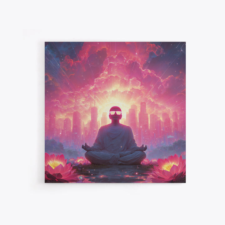 Neon Buddha Cityscape Meditation Wall Art, Psychedelic Lotus Sunset Canvas Print, Futuristic Spiritual Decor For Modern Living Room