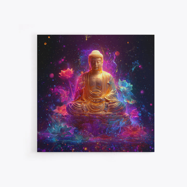 Golden Buddha In Cosmic Lotus Galaxy Wall Art, Celestial Spiritual Decor, Meditation Zen Art Print For Modern Home Decor