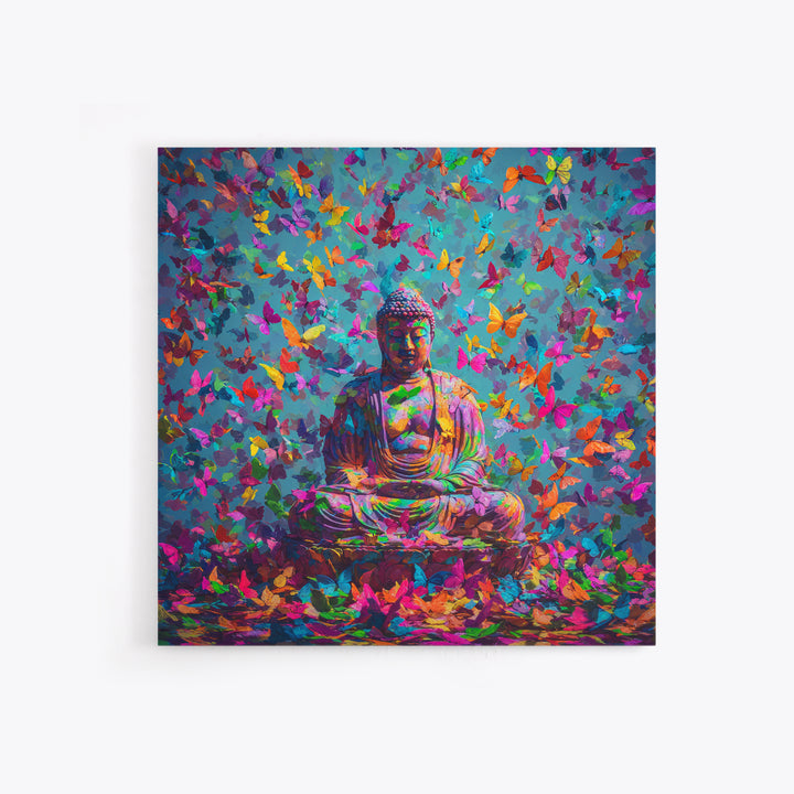 Colorful Buddha With Butterflies Wall Art, Spiritual Meditation Print, Psychedelic Boho Decor, Vibrant Zen Wall Art